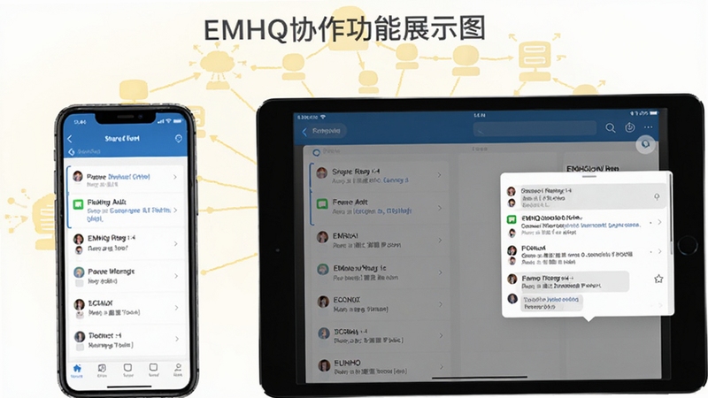 EMHQЭ������չʾͼ�����������һ���ֻ���ʾ�����б����Ҳ���ƽ�������ʾ��ͬ���嵥���������۵���������Ϊ����ɫ�Ĺ�����������ͼʾ������ǿ�����豸ͬ�����Ŷ�Э������