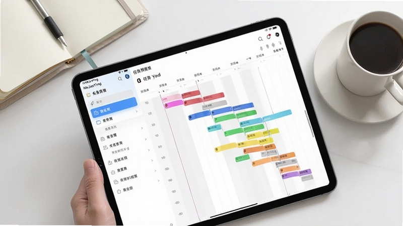 产品功能预览图,画面展示NieJianYing在平板设备上运行任务管理模块的界面,左侧为分类列表,右侧显示彩色时间轴,背景为干净的书桌一角,有笔记本和咖啡杯,采用俯拍视角,光线明亮,色彩清晰,突出软件界面细节,比例16:10。
