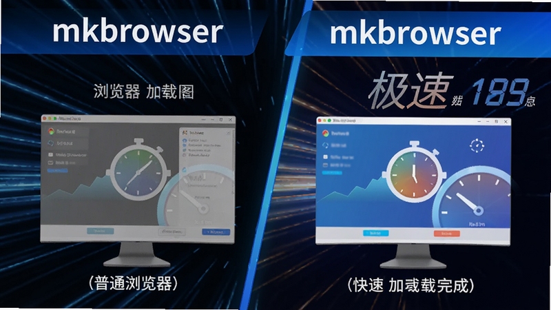 mkbrowser 性能对比示意图,左侧为普通浏览器加载缓慢的画面,右侧为 mkbrowser 快速加载完成的对比,背景用速度线条与计时器元素突出“极速”概念,画面中明确标注 mkbrowser 名称,风格现代直观