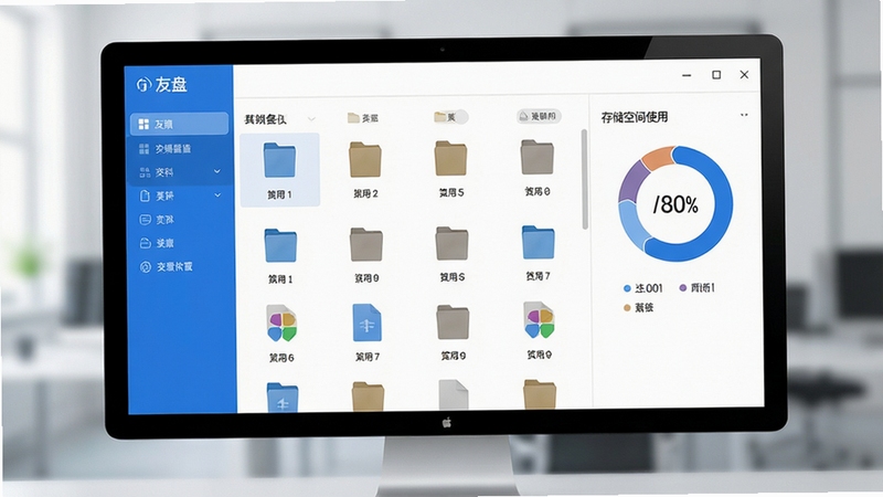 一张展示友盘软件主界面的高清截图,画面中央是清晰的分类文件陈列,左侧为功能导航栏,右侧显示存储空间使用占比环形图,整体采用蓝白清新色调,界面明亮干净,背景虚化处理突出主体,电脑屏幕比例,视觉风格专业且现代。