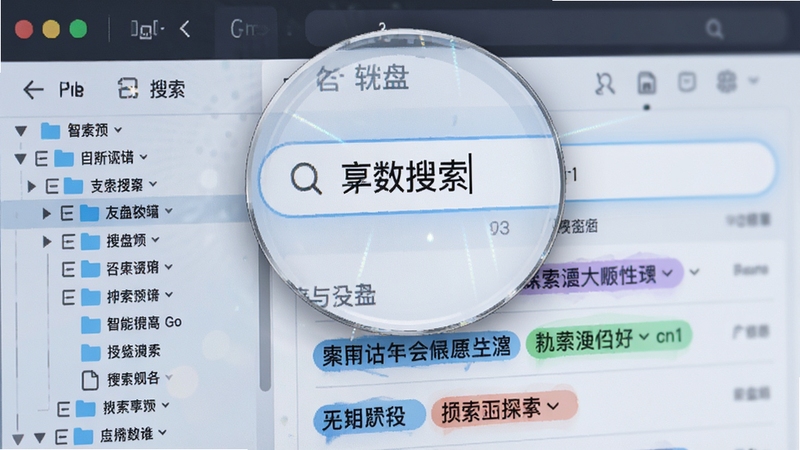 友盘软件的智能搜索界面特写,图片中心放大显示搜索框内输入的关键词,下方呈现带高亮标签的搜索结果列表,左侧边缘露出文件夹分类树状图,界面细节丰富,光影过渡自然,整体色调清爽,科技感与实用性兼备。