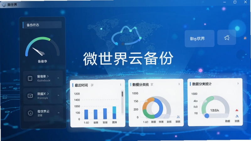 微世界云备份软件界面预览图,主界面展示备份状态仪表盘、最近备份时间、数据分类统计卡片,背景为渐蓝色科技感风格,整体明亮清晰,软件名称微世界云备份居中显示,画面比例16:9