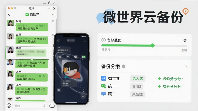 微世界云备份微信备份功能预览图,左侧为微信聊天列表选择界面,右侧展示备份进度条与数据分类,背景为浅灰色,突出软件名称微世界云备份与手机模型,画面简洁专业,比例16:9