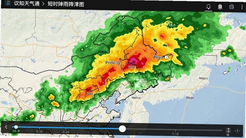预知天气通短时降雨雷达图界面截图,地图上叠加绿色黄色红色降水回波色块,时间轴滑动条清晰可见,画面展现分钟级降水变化趋势