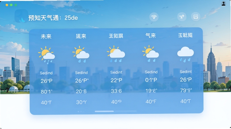 预知天气通软件主界面预览图,展示未来一周天气预报详情,背景为城市风景与晴雨天气图标,界面风格现代简约,数据清晰易读,整体色调清新明快