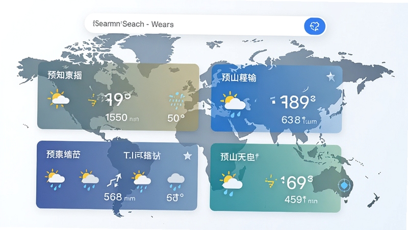 预知天气通多城市管理界面,顶部搜索框,下方卡片式展示不同城市的天气信息,背景为世界地图轮廓,配以晴雨图标,整体风格简洁时尚