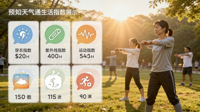 预知天气通生活指数展示页,以彩色图标卡片形式排列穿衣指数、紫外线指数、运动指数等,背景为公园晨练场景,画面温馨实用