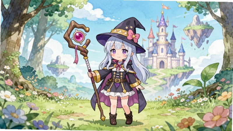 WitchSpring3游戏全貌预览图,画面中心是手持法杖的可爱魔女艾琳站在开满鲜花的森林空地上,背景是梦幻的魔法城堡与漂浮岛屿,整体采用明亮柔和的水彩绘本风格,色彩清新治愈,突出游戏的世界观与角色魅力