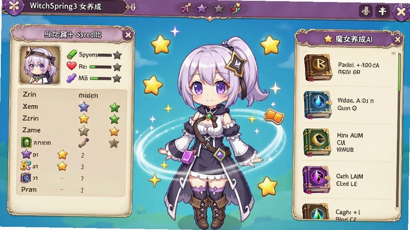 WitchSpring3魔女养成界面预览图,画面展示角色属性面板与魔法书列表,中央是艾琳换装后的可爱立绘,周围环绕着升级特效与闪烁的星星图标,UI设计精致,色彩明快,突出养成系统的丰富性