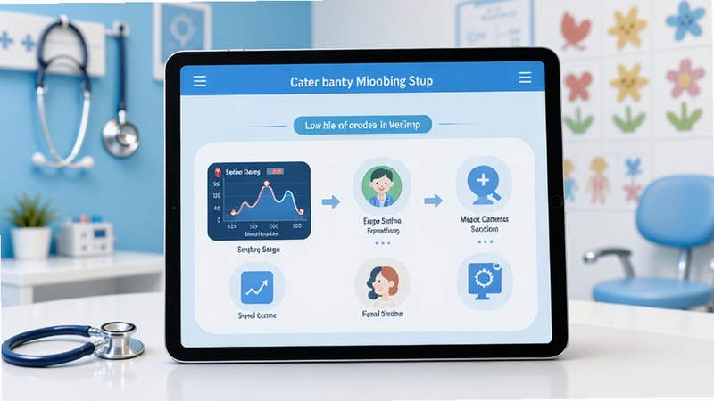 ���Ƽ����������ϵͳ������Ԥ��ͼ������������һ̨ƽ����ԣ���Ļ����ʾ�ŷֲ���Ķ�ͯ���������������棬�����������ߺ�֢״ѡ��ͼ�ꡣ����Ϊģ�����ִ����������һ��������������Ͳ�ɫǽ��װ�Σ�����ɫ������������ɫ�Ͱ�ɫΪ����Ӫ��רҵ���Ƽ����º͵�ҽ�Ʒ�Χ��