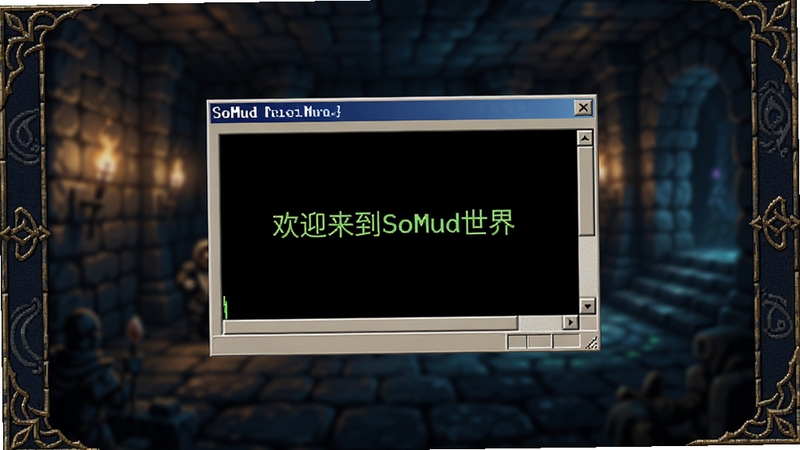 SoMud软件主界面预览图,画面中央为一个复古风格的终端窗口,显示着“欢迎来到SoMud世界”的字样,背景是模糊的奇幻地牢场景,两侧有深色的装饰边框,整体色调以暗蓝和金色为主,营造神秘而怀旧的氛围,画面比例16:9,高清晰度