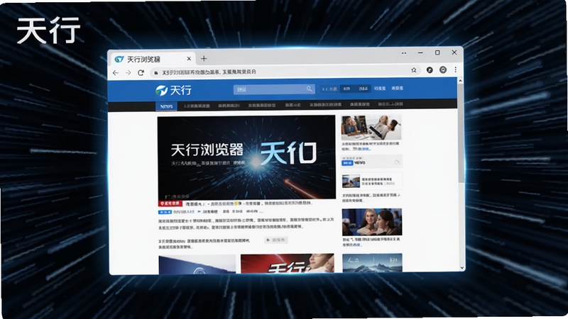 展示天行浏览器高速加载网页的场景,画面中有一个速度线条背景,中央是浏览器窗口,内部显示一个大型新闻门户网站页面瞬间加载完成,四周有轻微的光效和动态模糊,体现极速性能,包含天行浏览器字样