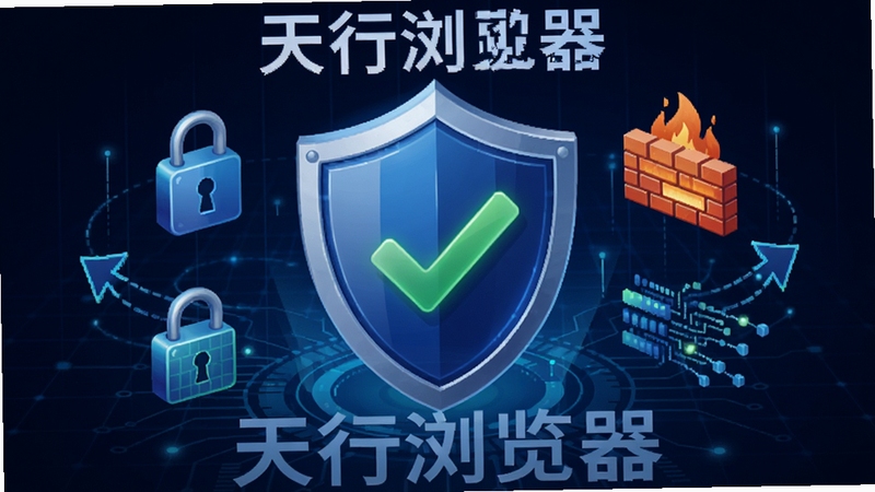 天行浏览器安全防护功能示意图,画面以盾牌为核心元素,盾牌表面有绿色对勾,周围环绕着锁头、防火墙和数据流图标,背景为深蓝色科技网格,突出安全可靠的形象,包含天行浏览器字样