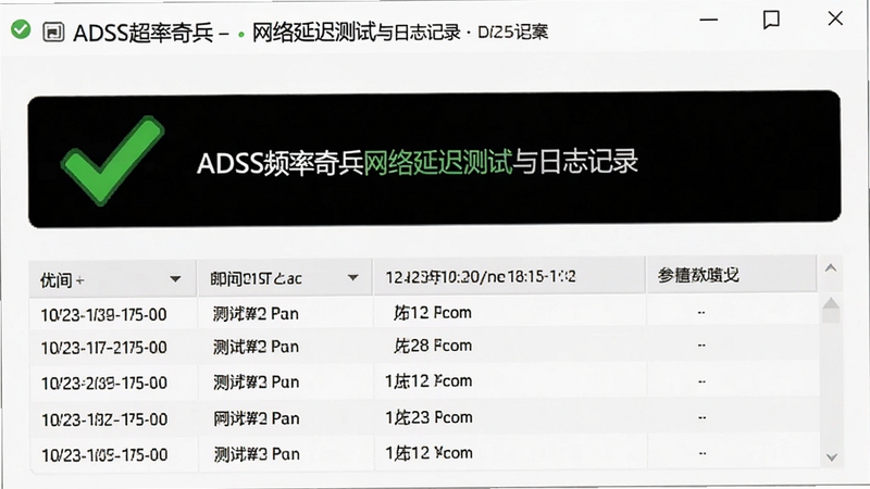 ADSL超频奇兵网络延迟测试与日志记录界面,绿色对勾表示测试通过,下方表格详细列出每次优化的时间戳与参数变化,界面干净整洁