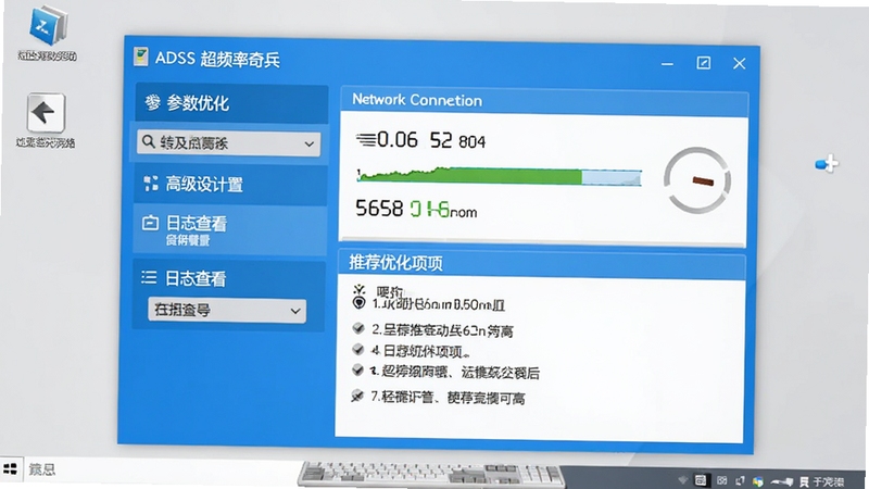 ADSL超频奇兵主界面预览图,展示简洁的蓝色调窗口布局,左侧功能菜单包含参数优化、高级设置、日志查看等模块,右侧显示当前网络连接状态与推荐优化项,背景为浅灰色桌面环境,画面清晰明亮