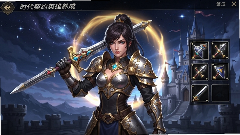 ʱ����ԼӢ�����ɽ��棬��ʾһλŮ�Խ�ʿ��ɫ����Χ�������⻷��װ��������ɫ���Ż������ף��������ǿ��µĳǱ�������ϸ�壬ͻ����ɫ����