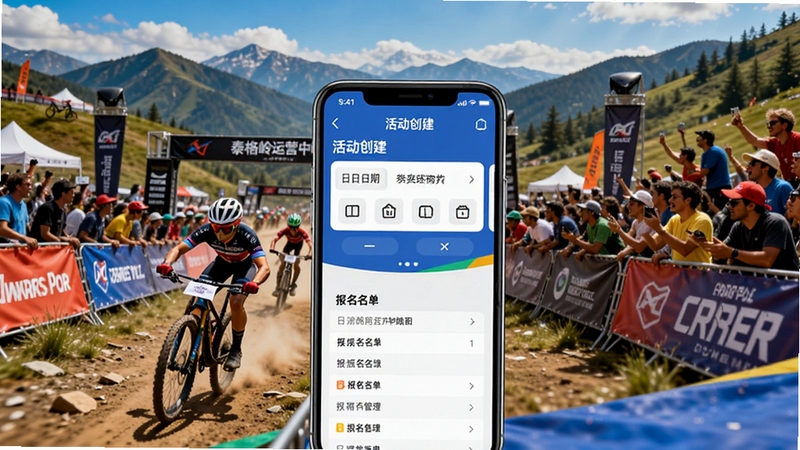 泰格岭运营中心活动管理功能示意图,画面展示手机APP活动创建页面,包含日期选择器与报名名单列表,背景为山地自行车赛事现场,有运动员与观众,热闹非凡,突出赛事氛围与移动管理的便捷性,构图兼顾前后景,色彩鲜艳有活力