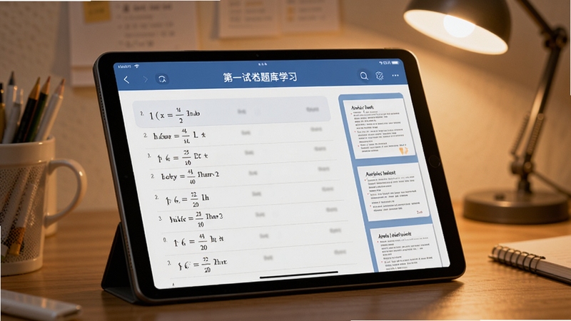 第一试卷题库学习平板界面,屏幕上展示数学试卷题目列表,旁边有试卷缩略图,背景为书桌和台灯,暖色调,强调海量资源和学习专注感,4k画质