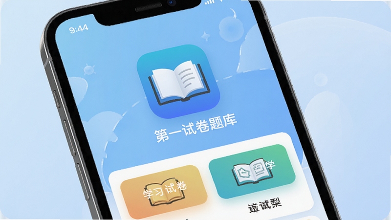 第一试卷题库APP手机端主界面展示,画面中央显示应用图标和名称,列表呈现各学科试卷分类卡片,背景为浅蓝色渐变,风格简洁现代,高清渲染,突出教育学习氛围