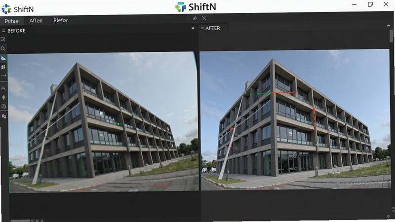 ShiftN软件主界面预览图,展示一张建筑照片校正前后的对比效果,左侧原图有明显透视倾斜,右侧校正后线条笔直,背景为深灰色软件操作面板,界面清晰,细节丰富,顶部显示ShiftN标志,画面专业且直观。