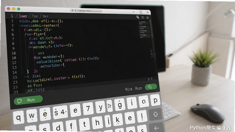 Python爬虫编译器代码编辑界面细节图,显示彩色语法高亮的Python代码,下方有运行按钮,触屏键盘弹出,背景为简洁办公桌面,光线柔和,软件名称水印显示在角落