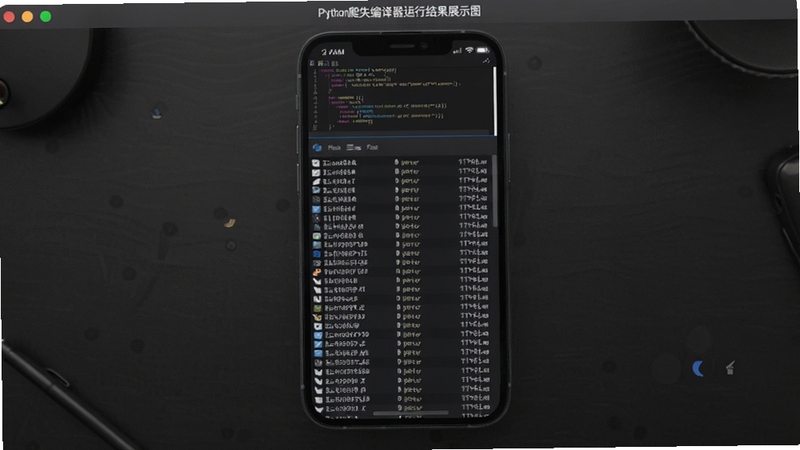 Python爬虫编译器运行结果展示图,手机界面显示输出完整数据列表,代码窗口缩小在顶部,背景为深灰色桌面,软件名称在顶部显示,整体专业感强