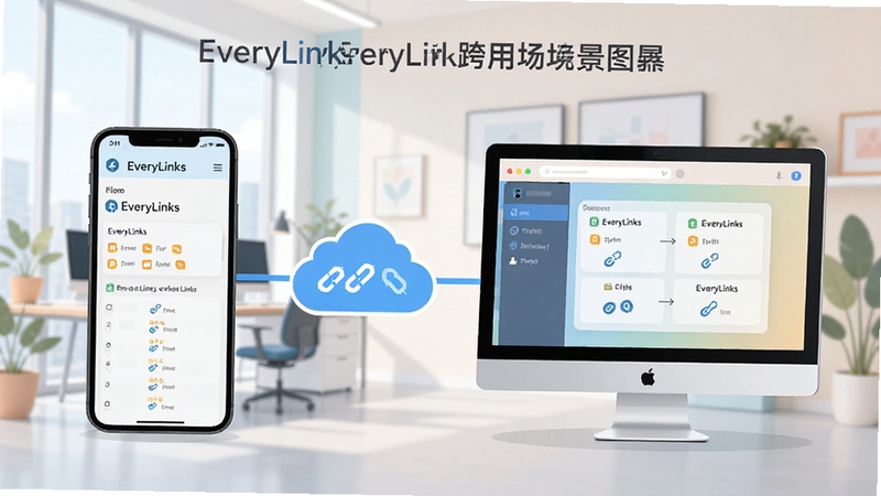 EveryLinks ��ƽ̨ʹ�ó���ͼ��չʾ�û��ڲ�ͬ�豸��ʹ��EveryLinks�������ӵ����̣��������Ϊ�ֻ����棬�Ҳ�Ϊ������ʾ��������֮��ͨ���ƶ�ͼ�����ӣ�����Ϊ�ִ��칫�һ�����ͼƬ������ñ�ƽ����Ʒ��ɫ��������졣