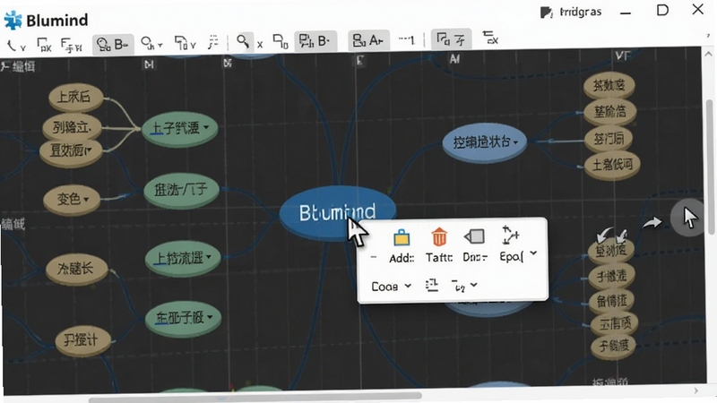 一张展示Blumind软件编辑状态的动态截图,画布上有一个正在编辑的思维导图,用户鼠标悬停在一个节点上,显示浮动工具栏,包含添加子节点、删除、变色等图标,画布背景有网格线,界面清晰展示快捷键提示和拖拽操作示意,整体风格专业且友好。