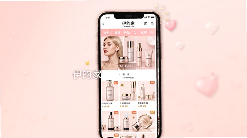 伊的家官方购物APP主界面预览图,画面主体为一部显示着伊的家商城首页的手机,背景为柔和温馨的浅粉色渐变,突出购物与美容护肤主题,整体风格明亮干净,产品展示图清晰可见,贴合移动端购物场景。