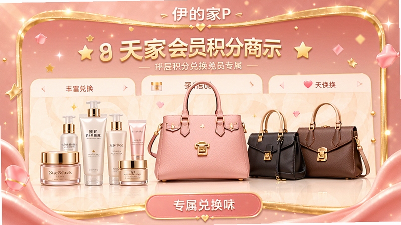 伊的家APP会员积分商城页面,画面展示积分兑换的丰富礼品,如护肤品小样、精美手袋等,背景设计为温馨的会员权益展示界面,带有金色与粉色的装饰元素,突出尊贵与专属感,整体氛围欢快且具有吸引力。