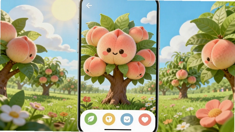 好运蜜桃应用主界面预览图,画面中央为一棵挂满粉色桃子的卡通桃树,背景是阳光明媚的果园,蓝天白云,草地鲜花,整体色彩明亮鲜艳,UI图标圆润可爱,位于画面下方,视觉风格清新治愈,适合移动端竖屏展示