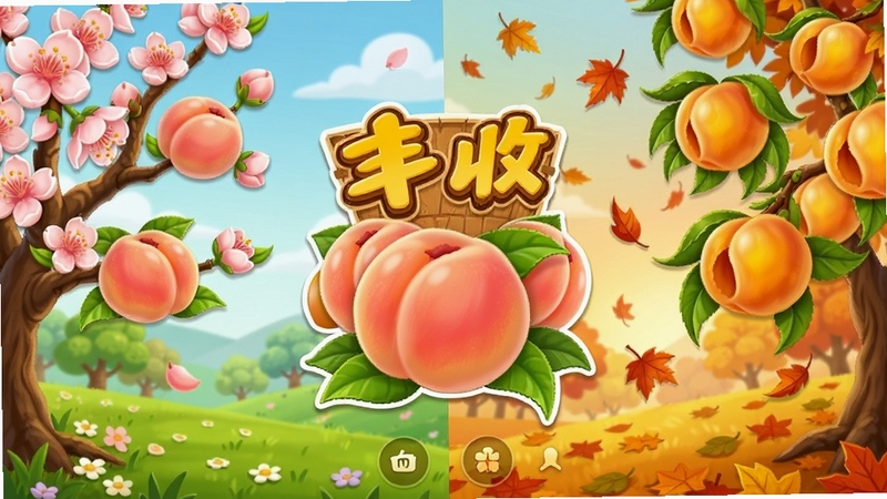 好运蜜桃游戏四季变化场景对比图,画面左侧为春天开满粉色花朵的桃树,右侧为秋天结满硕果的金色桃树,背景分别呈现绿意盎然的春景与落叶纷飞的秋色,界面中央突出丰收的蜜桃,风格卡通,细节丰富,色彩过渡自然