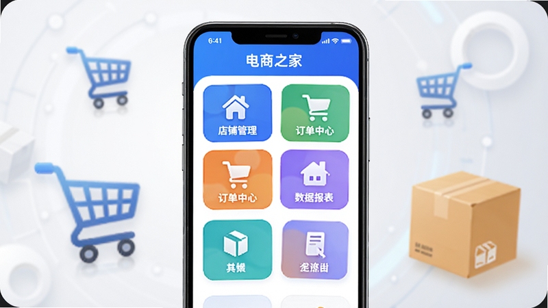 电商之家app主界面预览图,画面居中显示一部智能手机,屏幕中清晰展示电商之家软件的主菜单图标,包含店铺管理、订单中心、数据报表等彩色模块,背景为浅灰色渐变,搭配电商购物车和包裹元素,整体风格现代简洁,色调以蓝白为主,光线明亮柔和,符合商业科技感,16:9比例