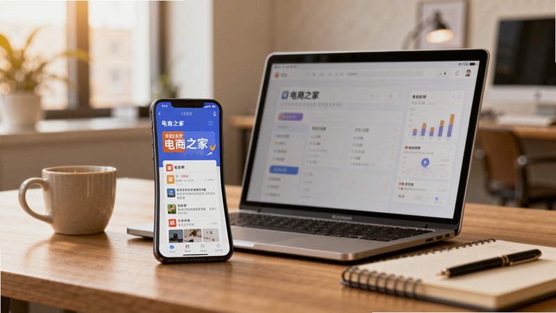 电商之家实际操作场景示意图,一张办公桌上摆放笔记本电脑和手机,手机打开电商之家软件界面,旁边放有咖啡杯和笔记本,画面温暖写实,展现移动办公效率,背景为简约办公室,比例16:9