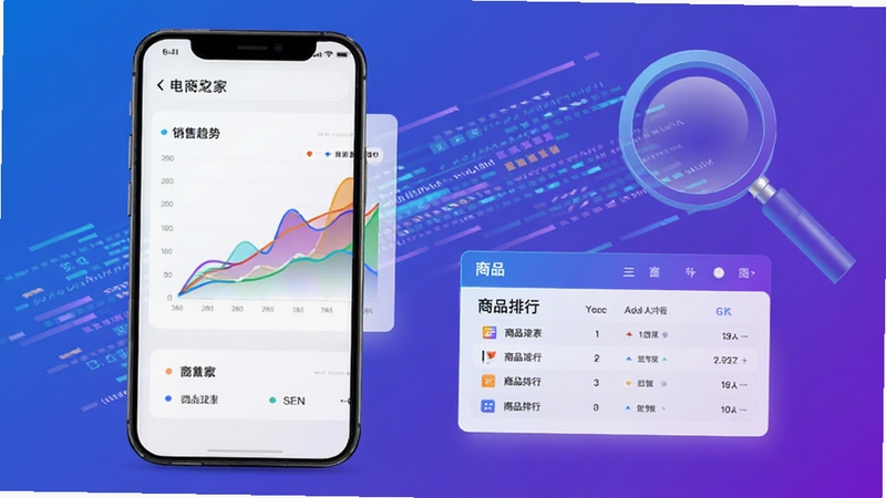 电商之家数据报表功能展示图,手机屏幕显示彩色销售趋势折线图和商品排行表格,背景有抽象的数据流和放大镜图形,色调以蓝紫渐变为主,科技感强,画面清晰专业,比例16:9