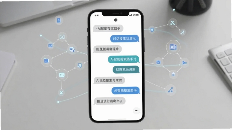 AI智能搜索助手对话搜索功能演示,手机上显示多轮问答气泡,背景为浅灰色工作台,周围有抽象的数据连接线图标,画面清晰展示连续对话场景