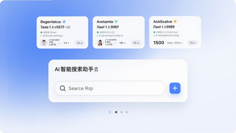 AI智能搜索助手主界面预览图,画面中央为搜索对话框,上方显示聚合卡片式搜索结果,背景为柔和的蓝白渐变,整体风格现代简约,突出智能与高效,无任何文字水印