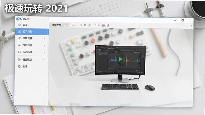 一张展示极速玩转2021软件主界面的高清截图,界面设计简洁明亮,左侧为功能导航栏,右侧为操作预览区,背景为干净的浅灰色工作台,软件名称“极速玩转 2021”醒目地显示在界面左上角,整体风格现代且专业。