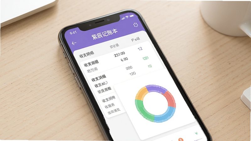 紫辰记账本主界面展示,手机屏幕显示简洁的收支明细列表和彩色环形统计图,背景为浅色桌面,整体风格干净明亮,突出软件的易用性和数据可视化效果。