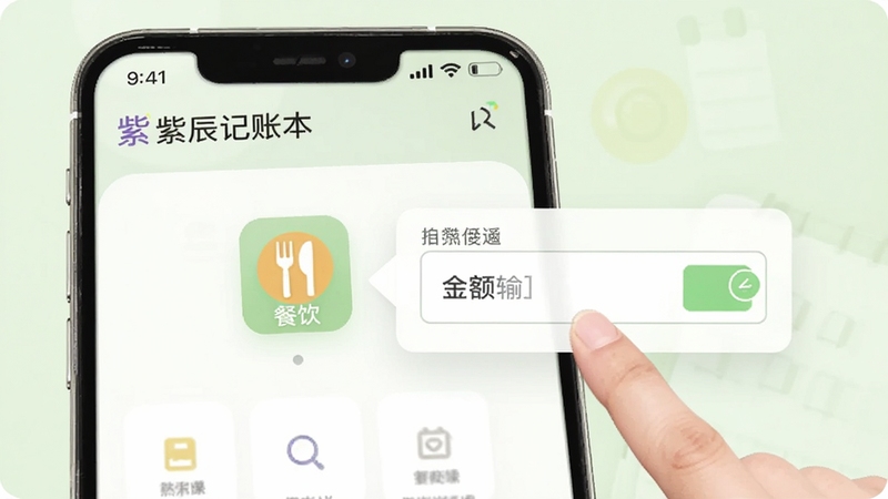 紫辰记账本智能分类功能示意图,手指点击屏幕上的“餐饮”图标,旁边弹出金额输入框,界面设计简洁,配有浅绿色背景,突出快速记录和自动分类的流畅体验。