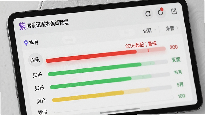 紫辰记账本预算管理界面,屏幕上显示本月各类别支出进度条,其中“娱乐”类已超过红色警戒线,其他类别为绿色或黄色,背景为浅灰质感,突出预算监控的直观性。