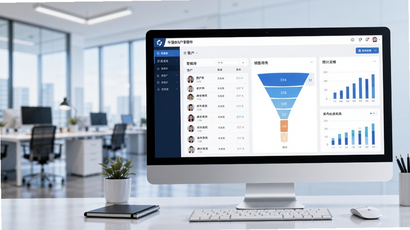 ��ǿCRM�ͻ�����������Ʒ���Ӿ�ͼ����������Ϊ������Ļ��ʾ�Ŀͻ������Ǳ��̣������ͻ��б�������©����ͳ��ͼ�����������ҵ�칫�������黯����������ɫ������ɫ�Ͱ�ɫΪ�����ִ����������滷����Logo��ʶ�����ɼ�