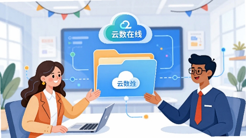 云数在线协同办公场景插画,画面展示三位不同职业的人物围绕一个虚拟的共享文件夹进行讨论,文件夹上方有云数在线logo标记,人物之间通过线条连接代表协作关系,背景为简约的会议室环境,色调明亮活泼,强调团队合作与高效沟通的氛围