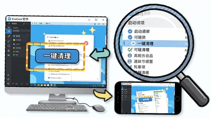 绘制一幅分步操作说明图,左侧展示电脑端EvaGear软件界面上一个被框选的“一键清理”按钮,右侧用放大镜标注启动项列表中的可疑条目,下方配有手机模拟器运行该软件的示意画面,整体色调明亮清晰,采用卡通教学风格,突出步骤引导与跨平台适用性。