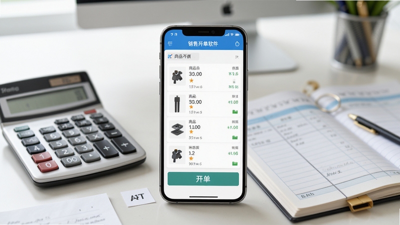 销售开单软件主界面展示,手机屏幕内清晰显示商品列表和开单按钮,背景为整洁的办公桌面,旁边有计算器和账本,整体风格明亮写实,突出软件易用性和商务感,画面主体居中,背景虚化处理。