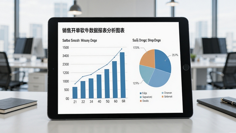 销售开单软件数据报表分析图表,平板电脑上展示柱状图和饼图,背景为办公室场景,屏幕内容清晰显示销售趋势和商品排行,整体商务现代风格。
