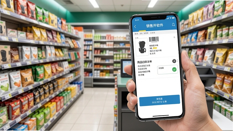 销售开单软件商品扫码开单功能示意图,手机扫描商品条码后,屏幕上自动显示商品详情和价格,背景为零售店铺货架,商品琳琅满目,画面清晰,突出快捷高效。