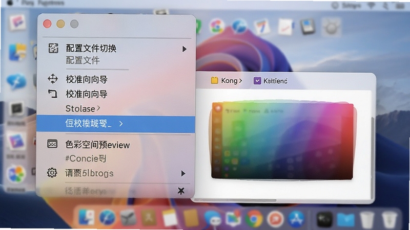 展示Kong颜色管理器在系统托盘中的快捷菜单界面,菜单项包括配置文件切换、校准向导入口、色彩空间预览窗口,背景为模糊的桌面壁纸,图标高亮显示,突出软件易用性
