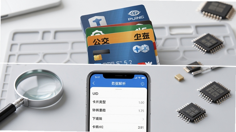 手机NFC读扫软件功能展示图,屏幕分为上下两部分,上半部分为一摞不同类型的卡片(门禁卡、公交卡、银行卡),下半部分为手机屏幕上的数据解析列表界面,显示UID、卡片类型等字段,背景为浅灰色工作台面,配有放大镜和芯片元件元素,写实风格,居中构图,光线明亮柔和