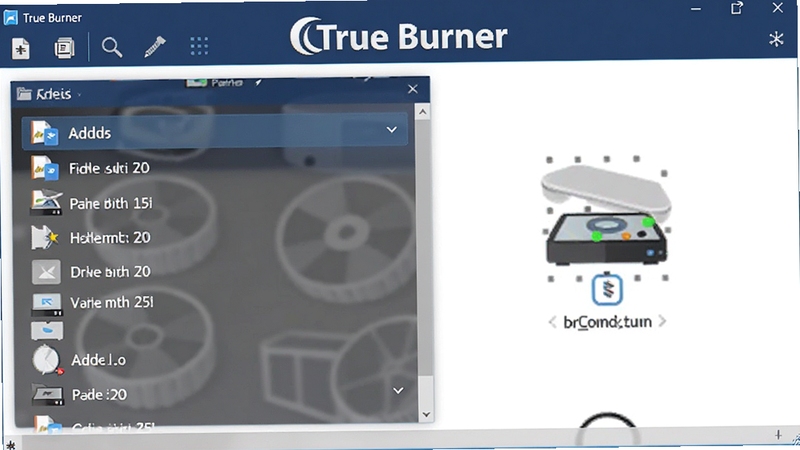 True Burner ����������Ԥ��ͼ������������ɫ�������Ͱ�ɫ����Ϊ����������ʾ�ļ������б��͹����豸ѡ��ͼ�꣬��������רҵ������ɾ�������ͻ����������True Burner Logo�����Ϊ�ִ���ƽ����ƣ�����Booguģ������
